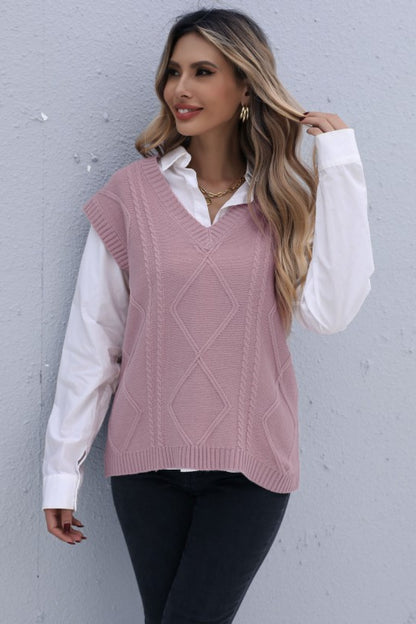 Sleeveless V-Neck Cable Knit Vest
