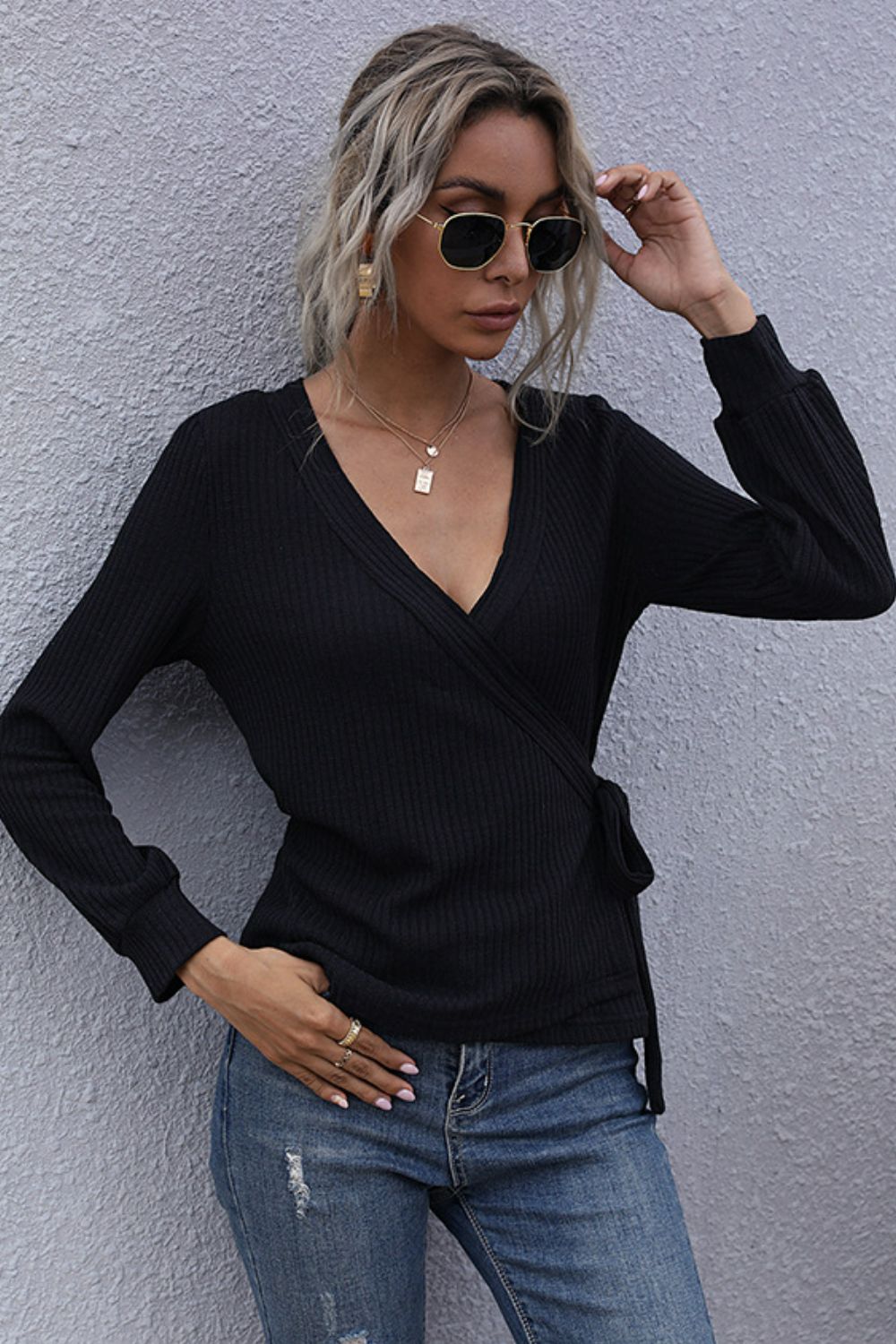 Side Tie Surplice Rib-Knit Top