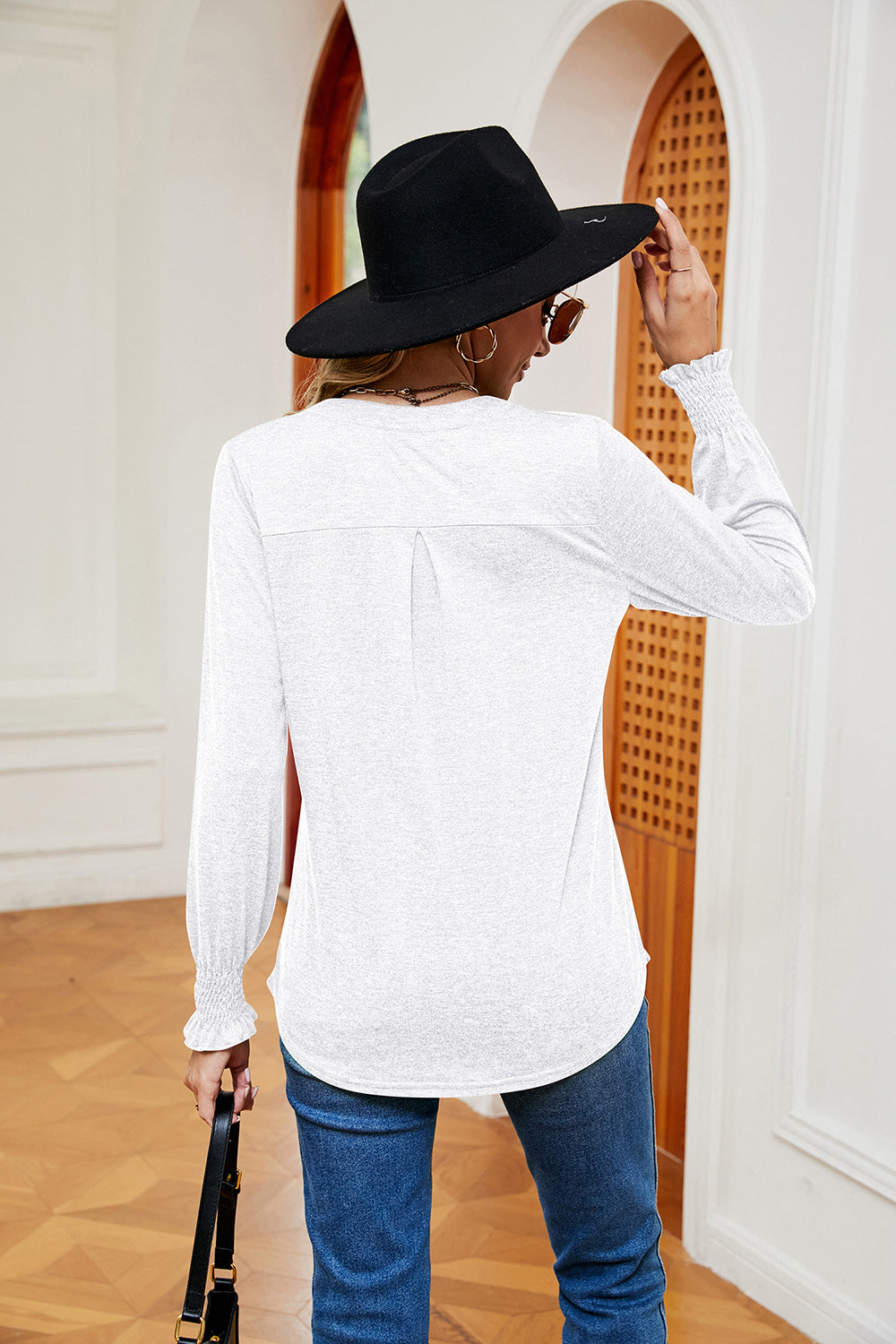 Notched Neck Long Sleeve Blouse