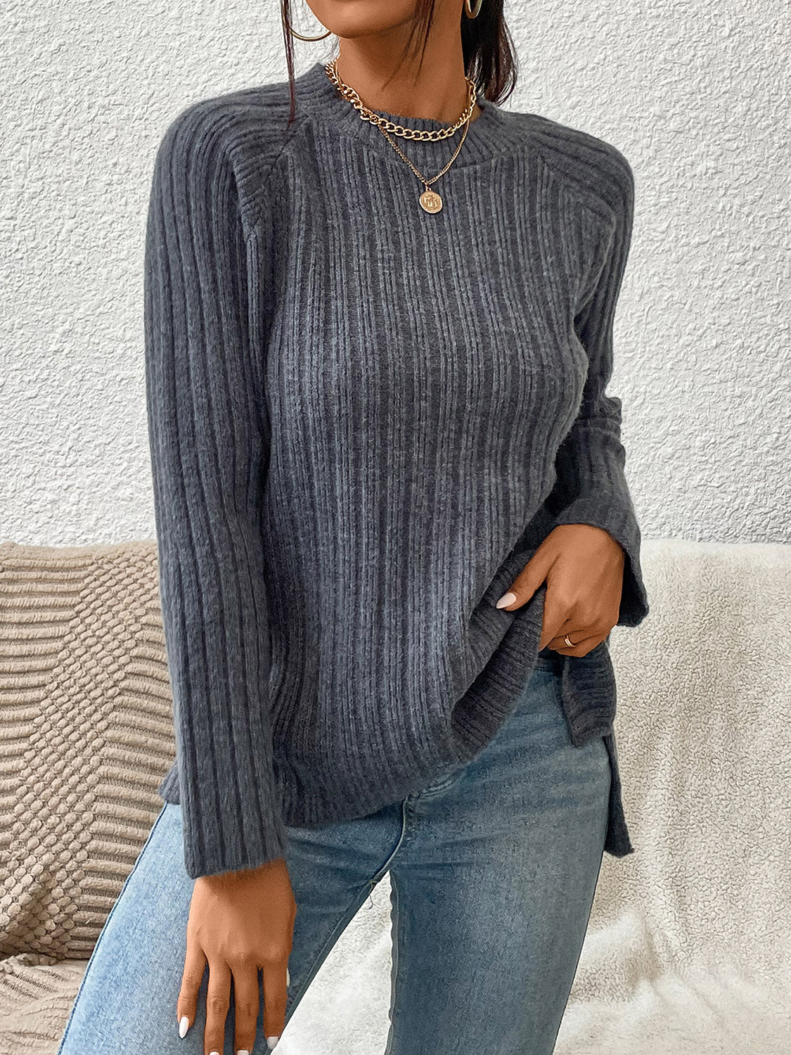 Round Neck Ribbed Raglan Sleeve Sweater