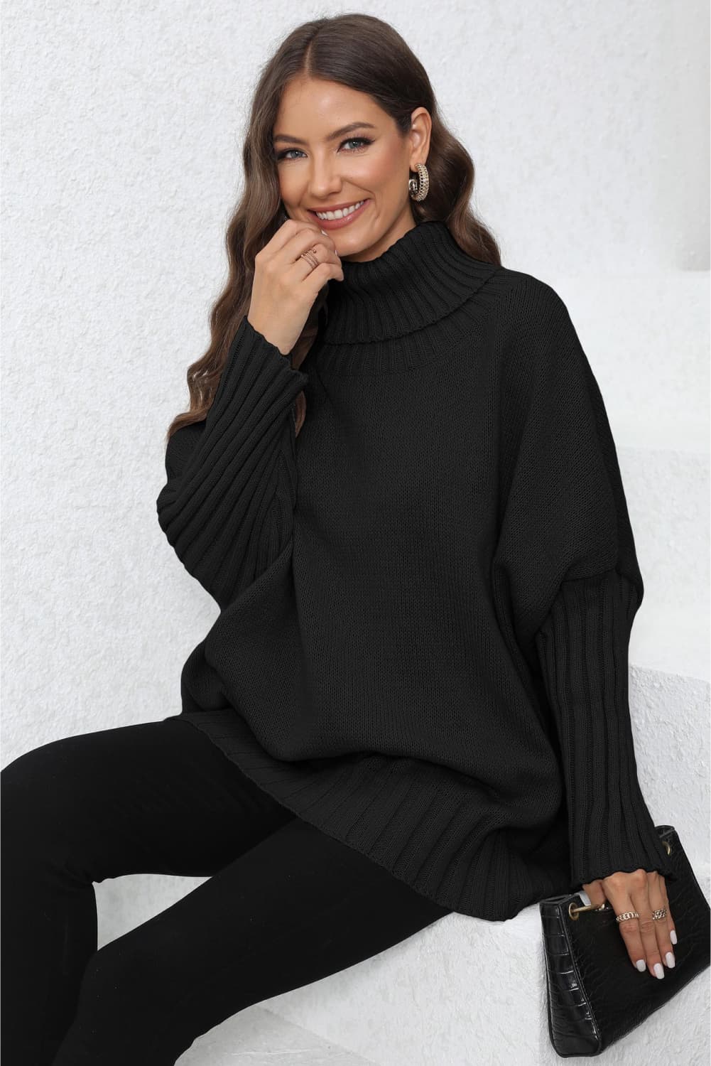 Turtle Neck Long Sleeve Ribbed Sweater