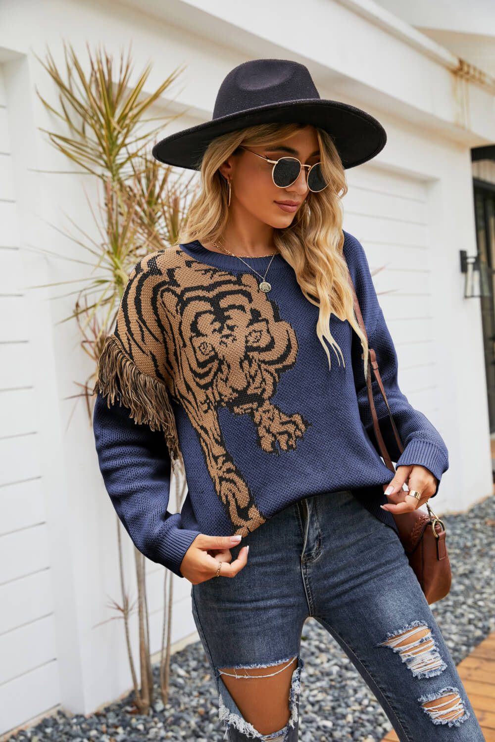 Tiger Graphic Fringe Detail Sweater