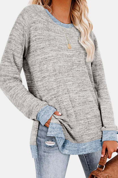 Round Neck Long Sleeve Slit T-Shirt